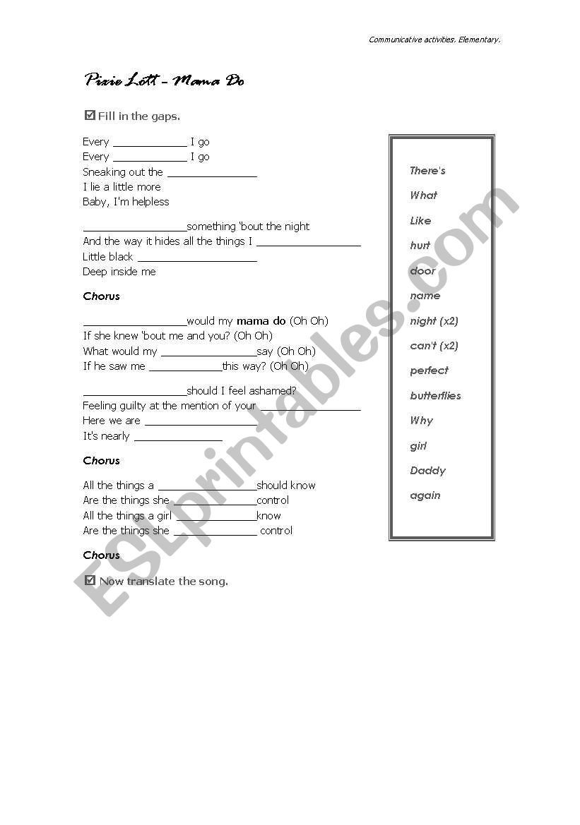 Mama Do by Pixie Lott (Song) worksheet