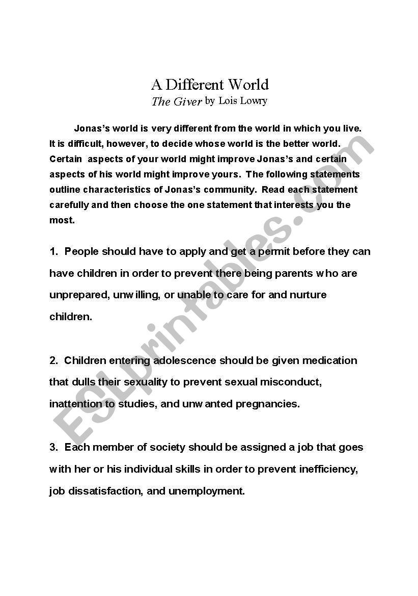 The Giver- essay topics worksheet
