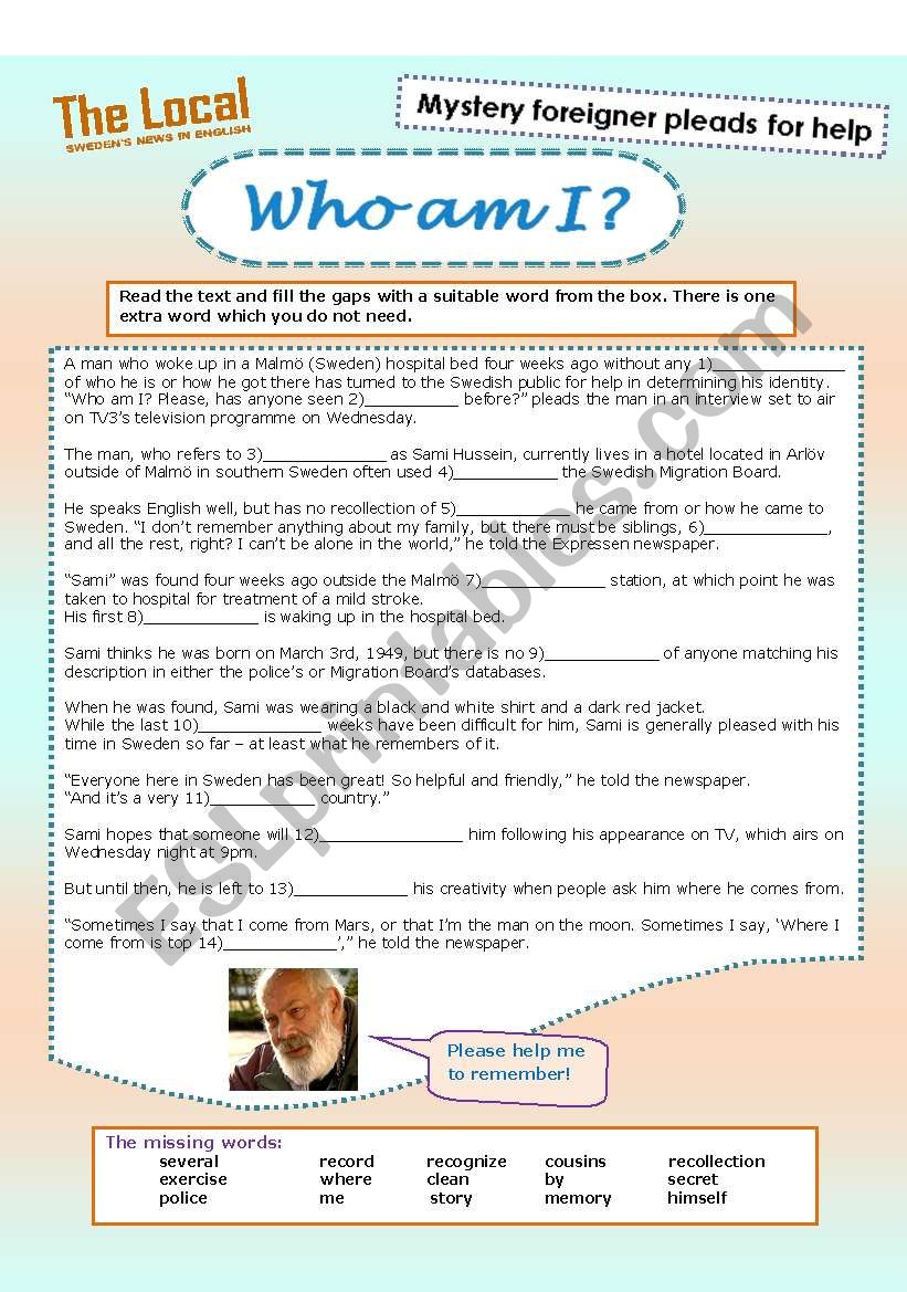 Who am I? Loss of memory worksheet