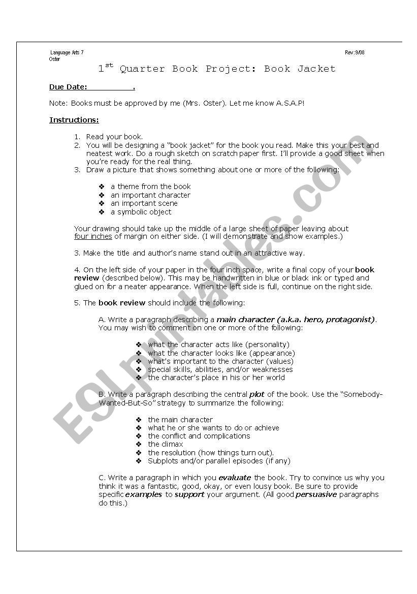 Book Jacket book project worksheet