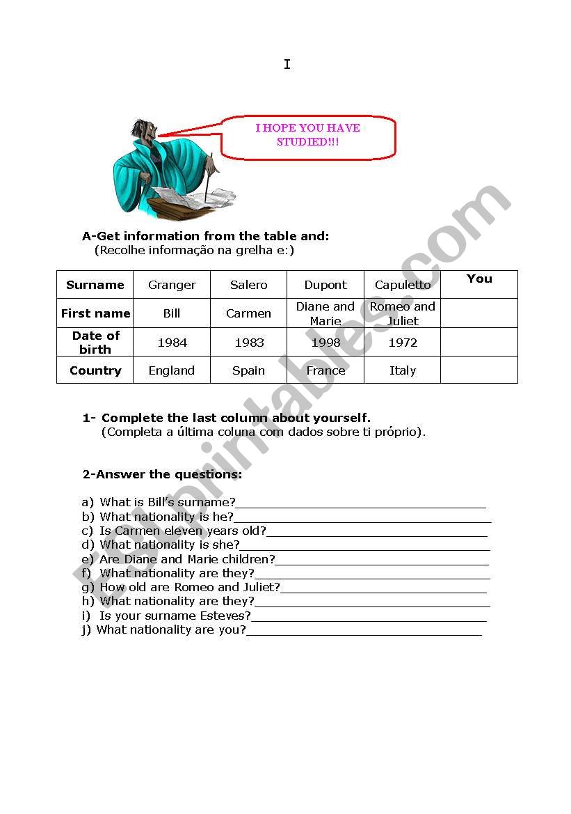 test beginners worksheet