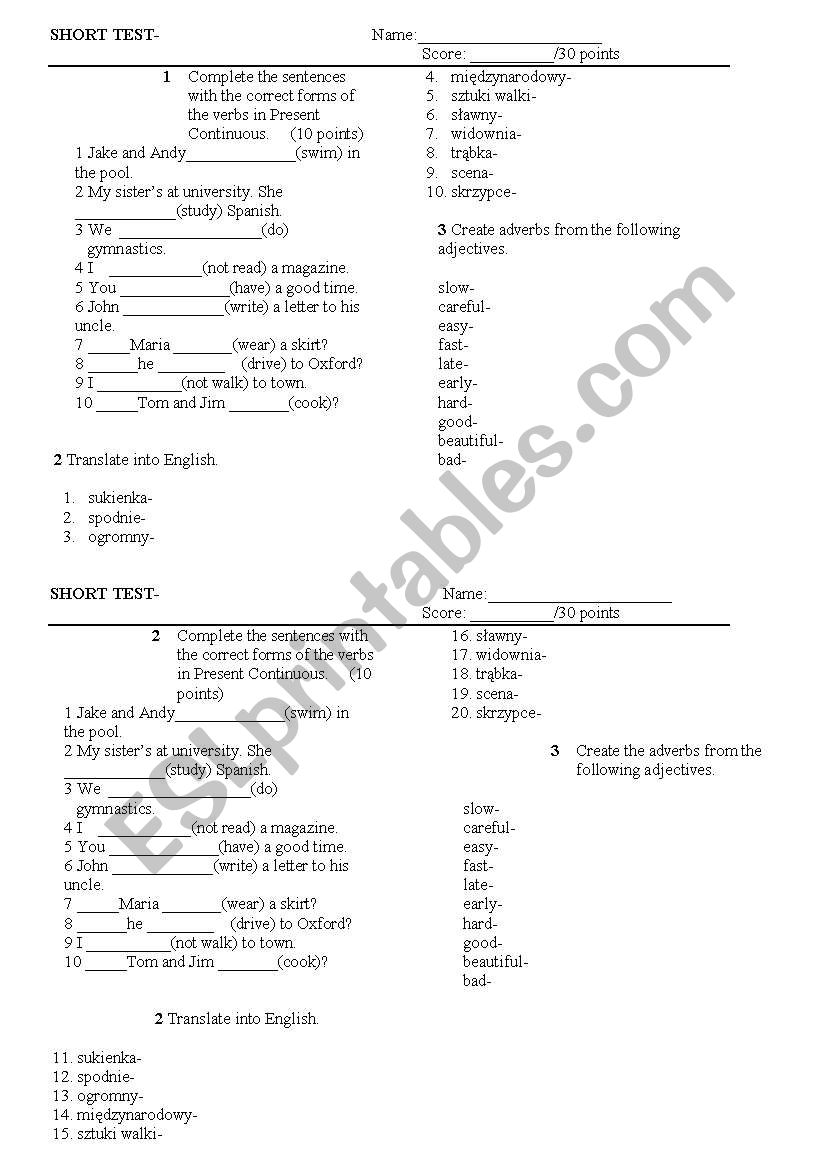 Present Simple, adverbs and vocabulary test