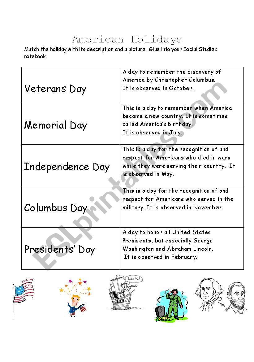 American Holiday Matching worksheet