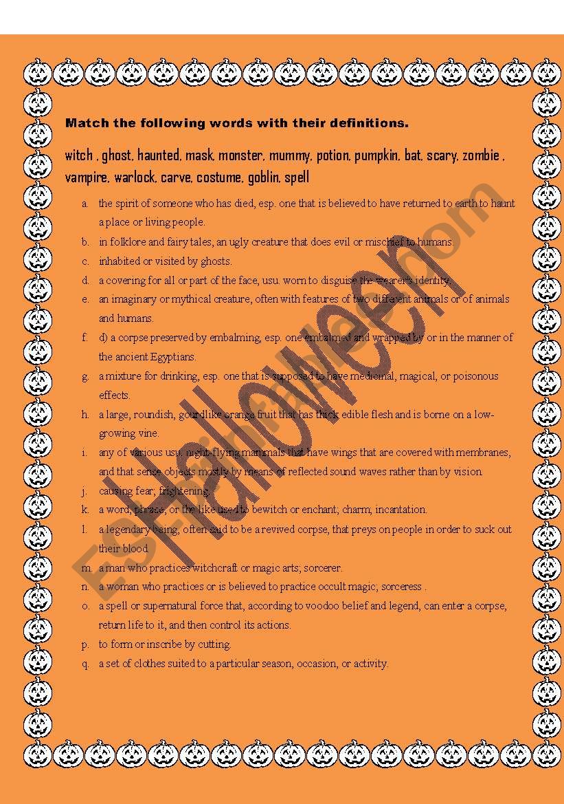 halloween vocabulary. MATCHING EXERCISE