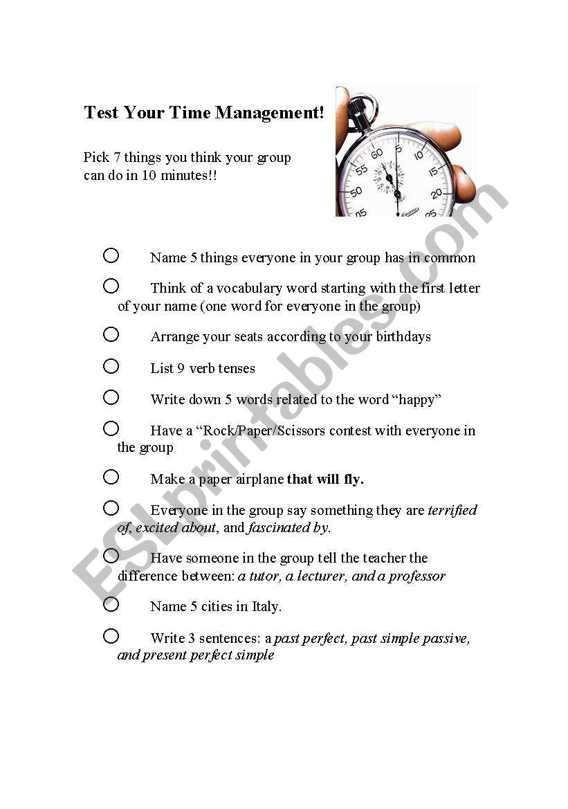 Test Your Time Management worksheet