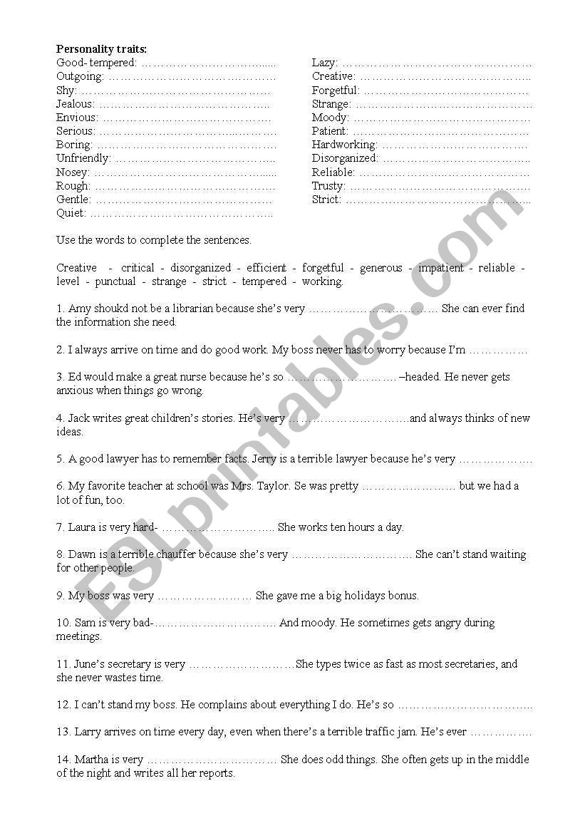 Personality Traits worksheet