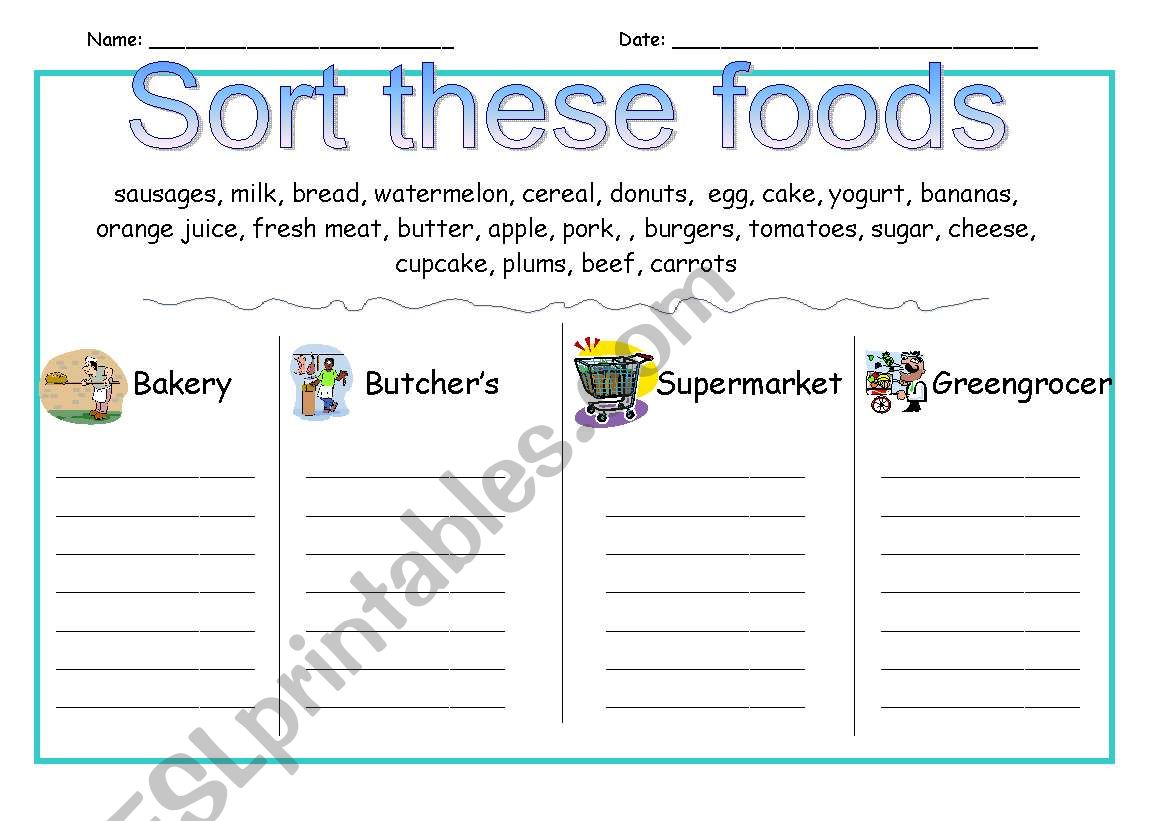 Sort these foods worksheet