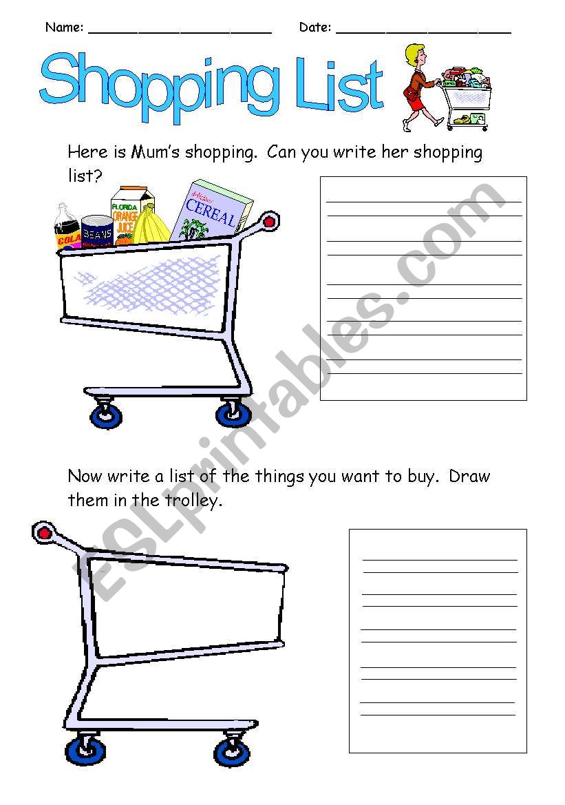 Shopping List worksheet