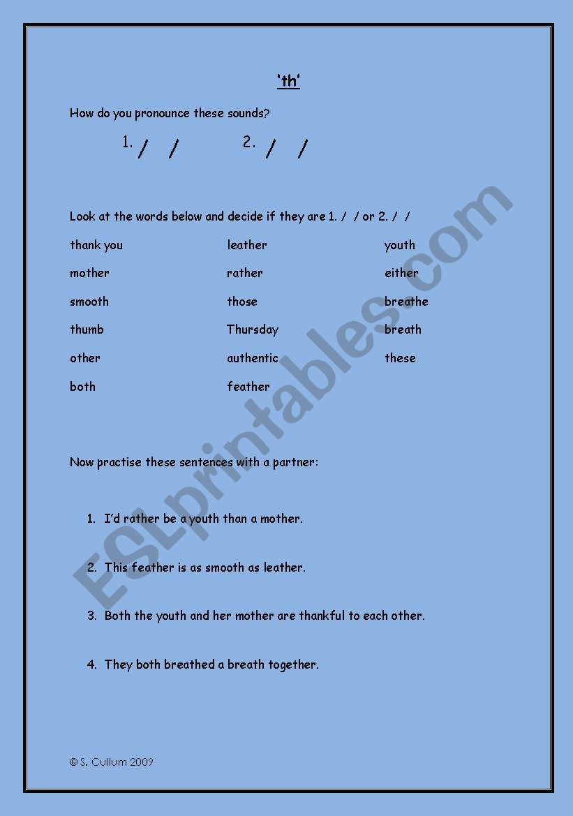 Pronunciation of th worksheet