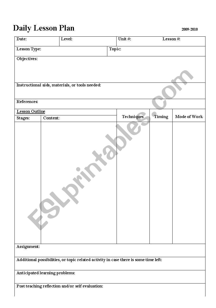 Daily Lesson Plan worksheet