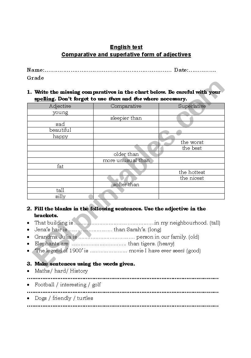 worksheet on comparative and superlative adjectives
