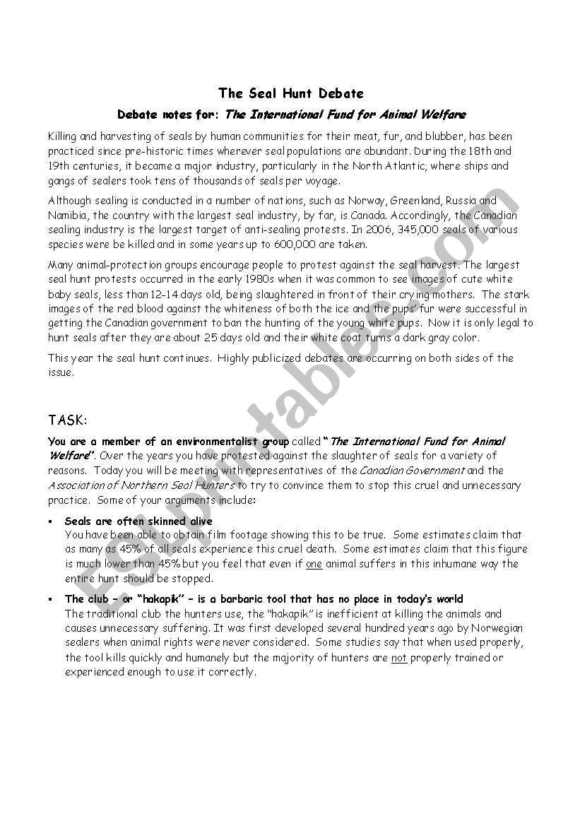 The Canadian Seal Hunt Debate worksheet