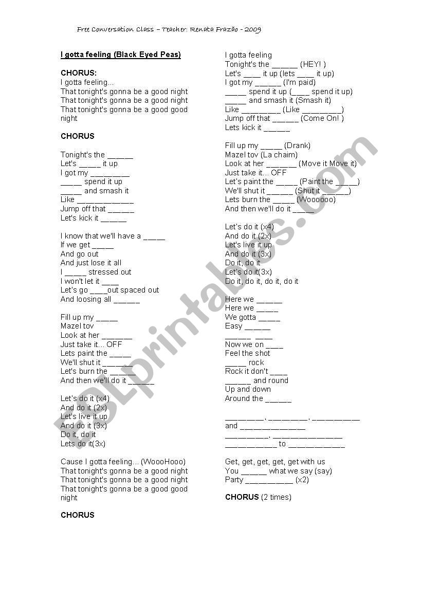 IÂ´ve gotta feeling... worksheet