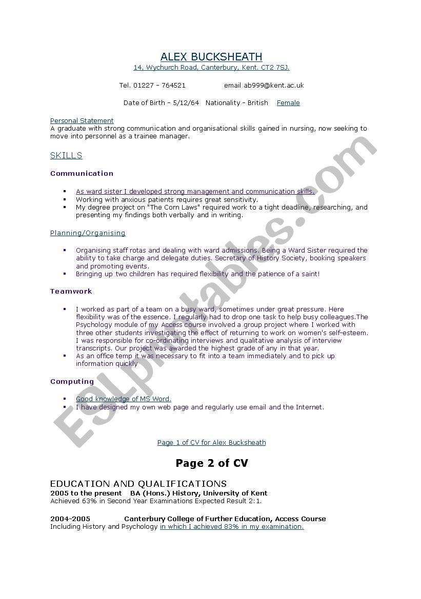 cv writing worksheet