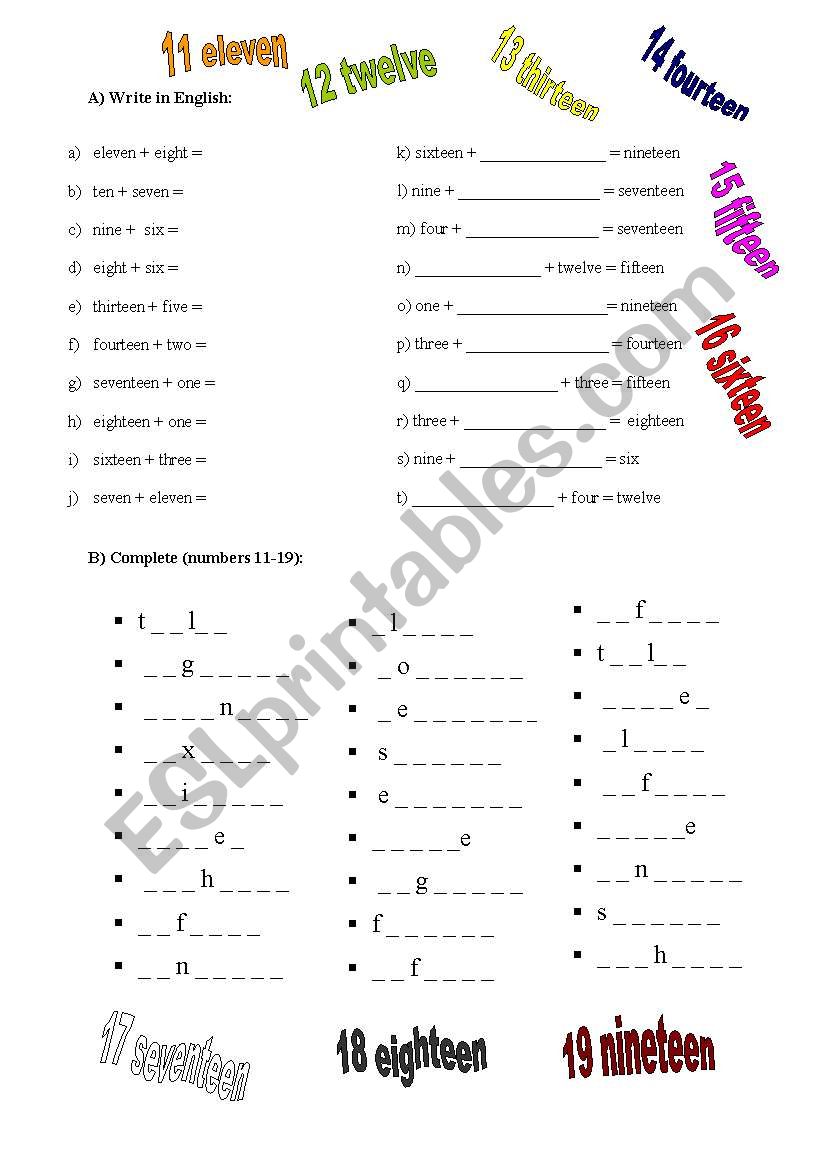 Numbers from 1 to 19 worksheet