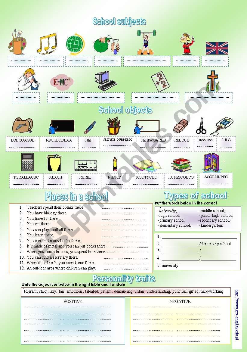 School subjects - School objects - Places in a school - Types of school - Personality traits