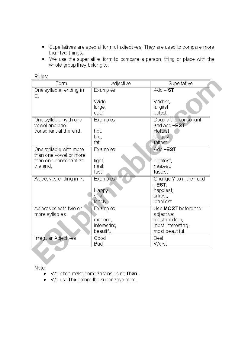 SUPERLATIVE ADJECTIVES worksheet