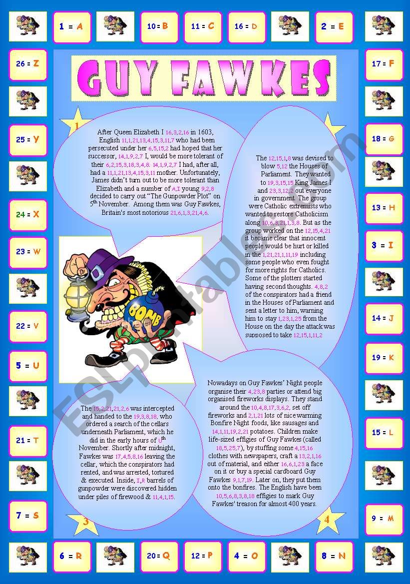 Guy Fawkes (Part 1/2): Encrypted Reading + 3 exercises (vocabulary & comprehension). 2 pages!!! 