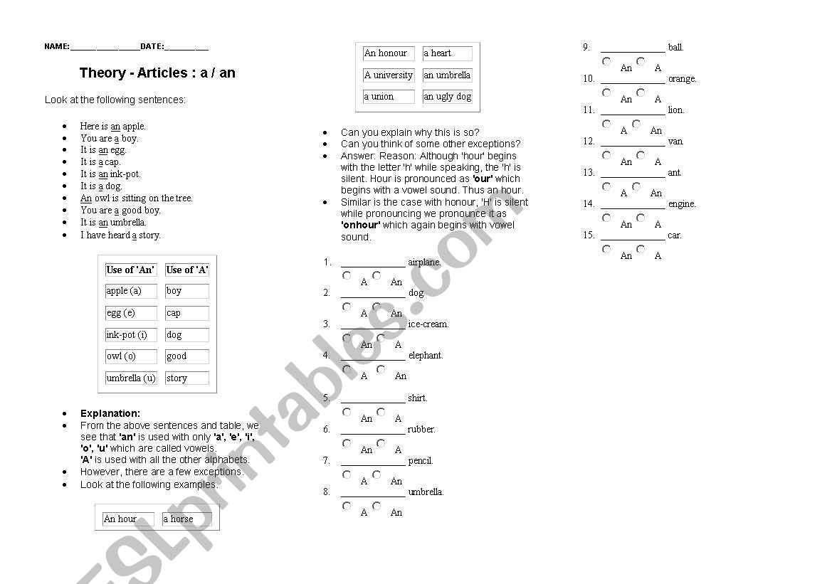 Indefinite Articles worksheet