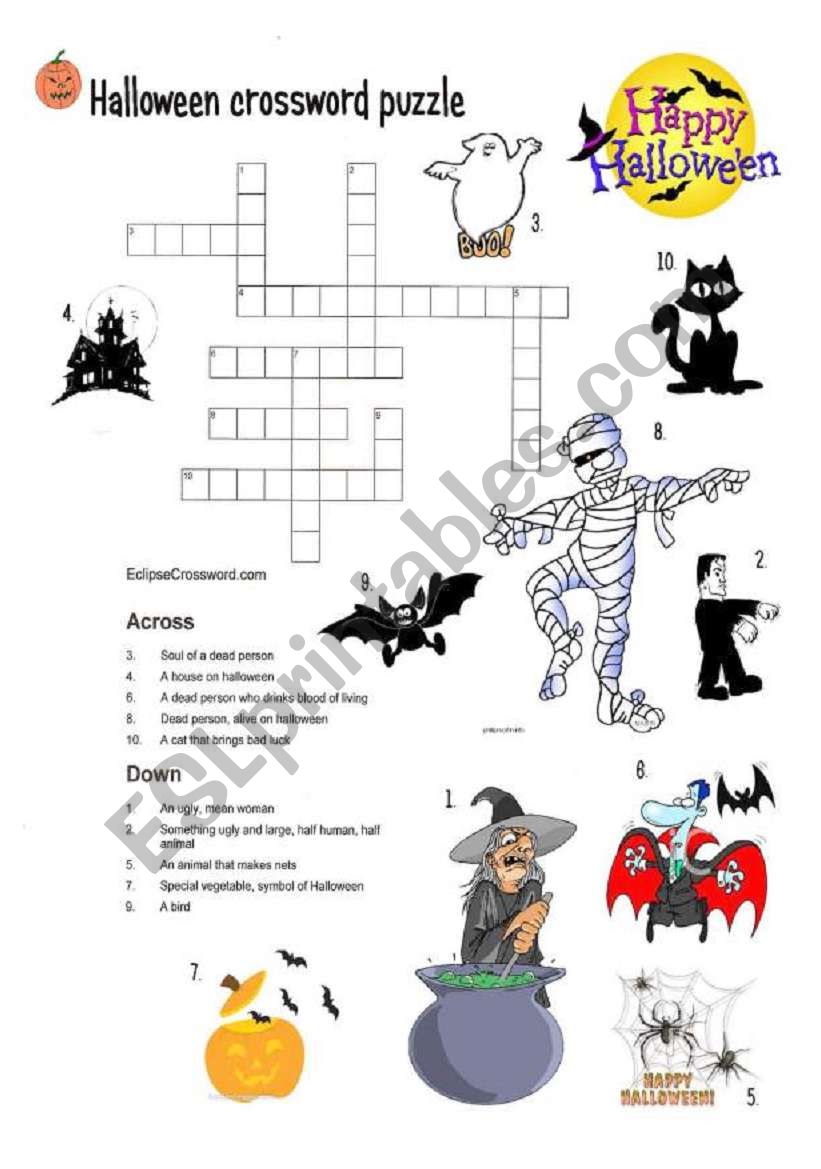 Halloween crossword puzzle worksheet