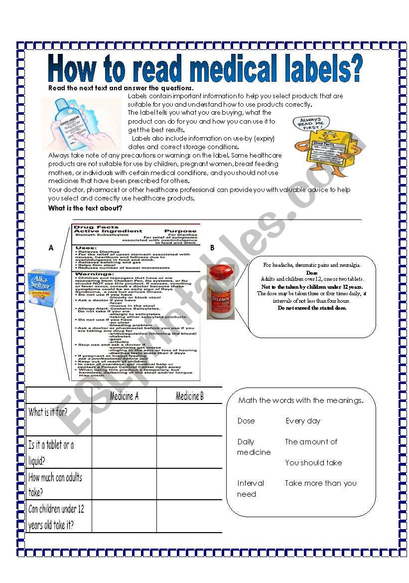 How to read medical labels? worksheet