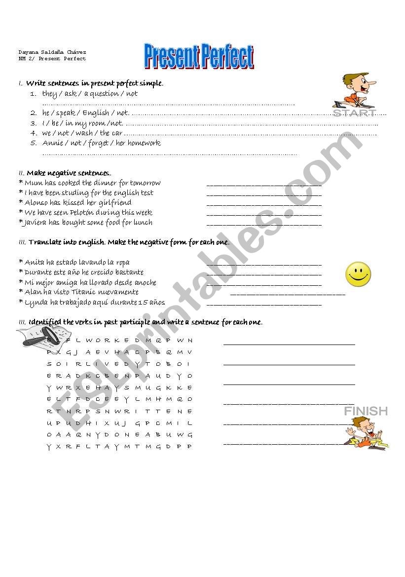 Present perfect negative worksheet