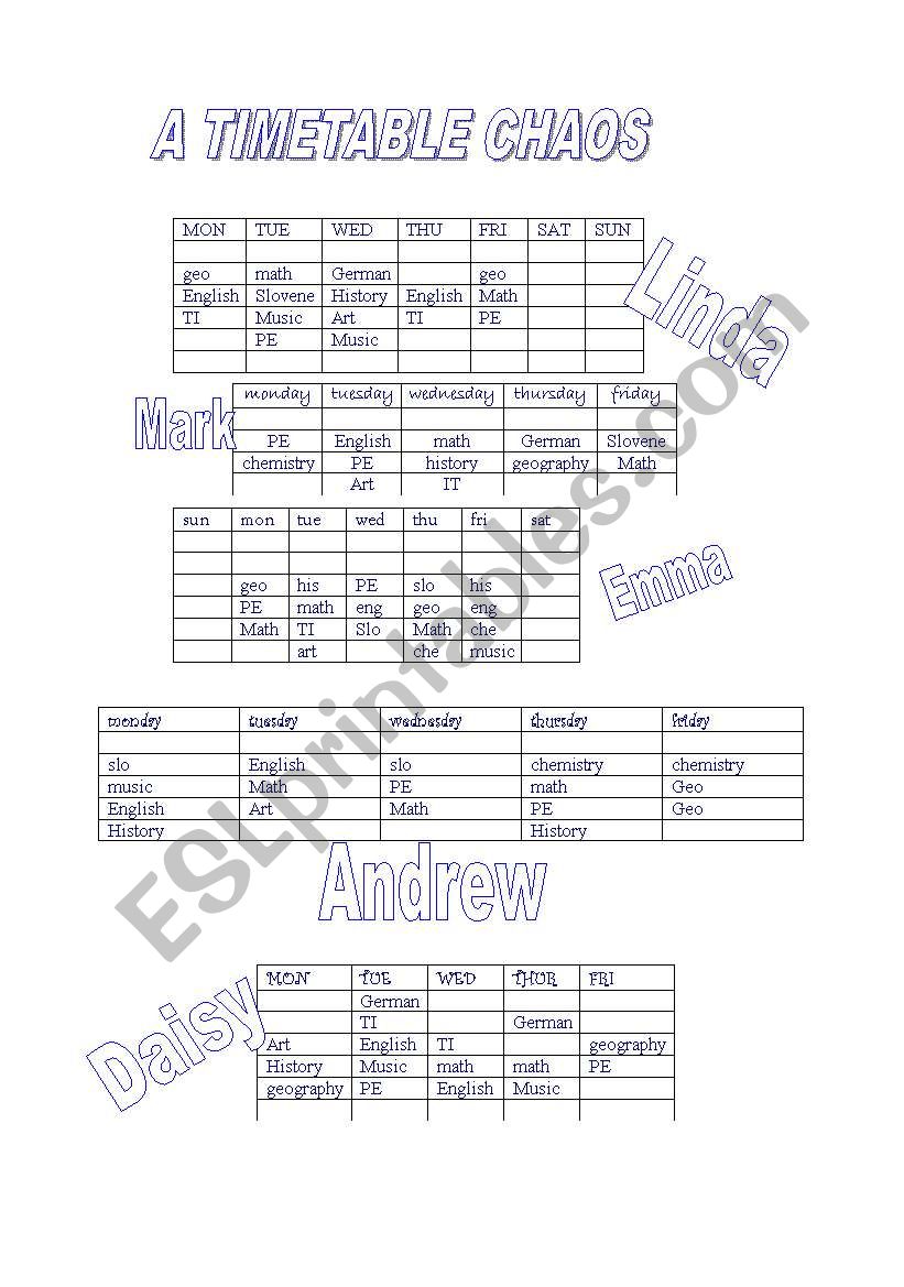 a timetable chaos worksheet