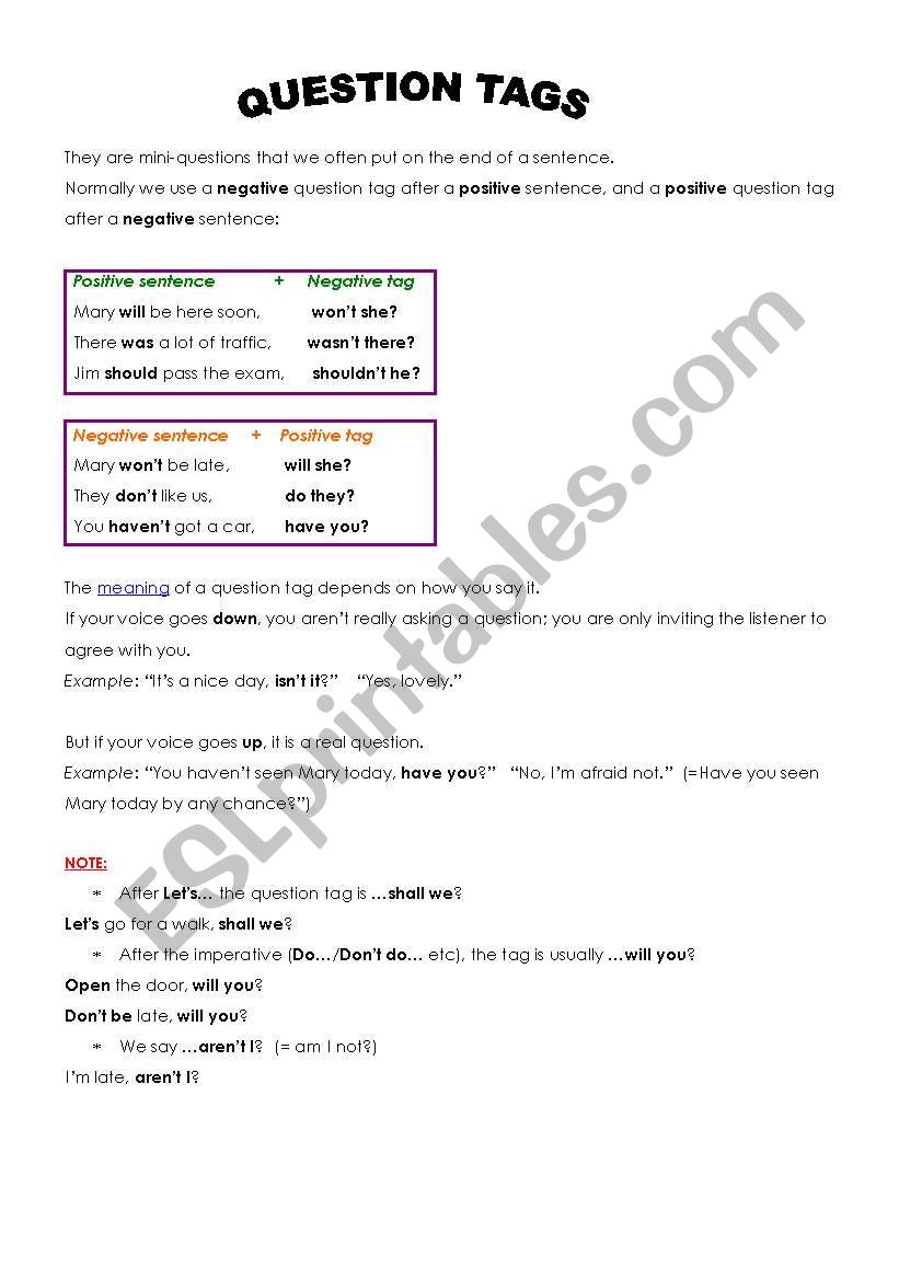 Question Tags Grammar Guide worksheet