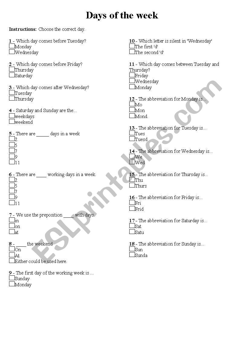 Days of the week worksheet