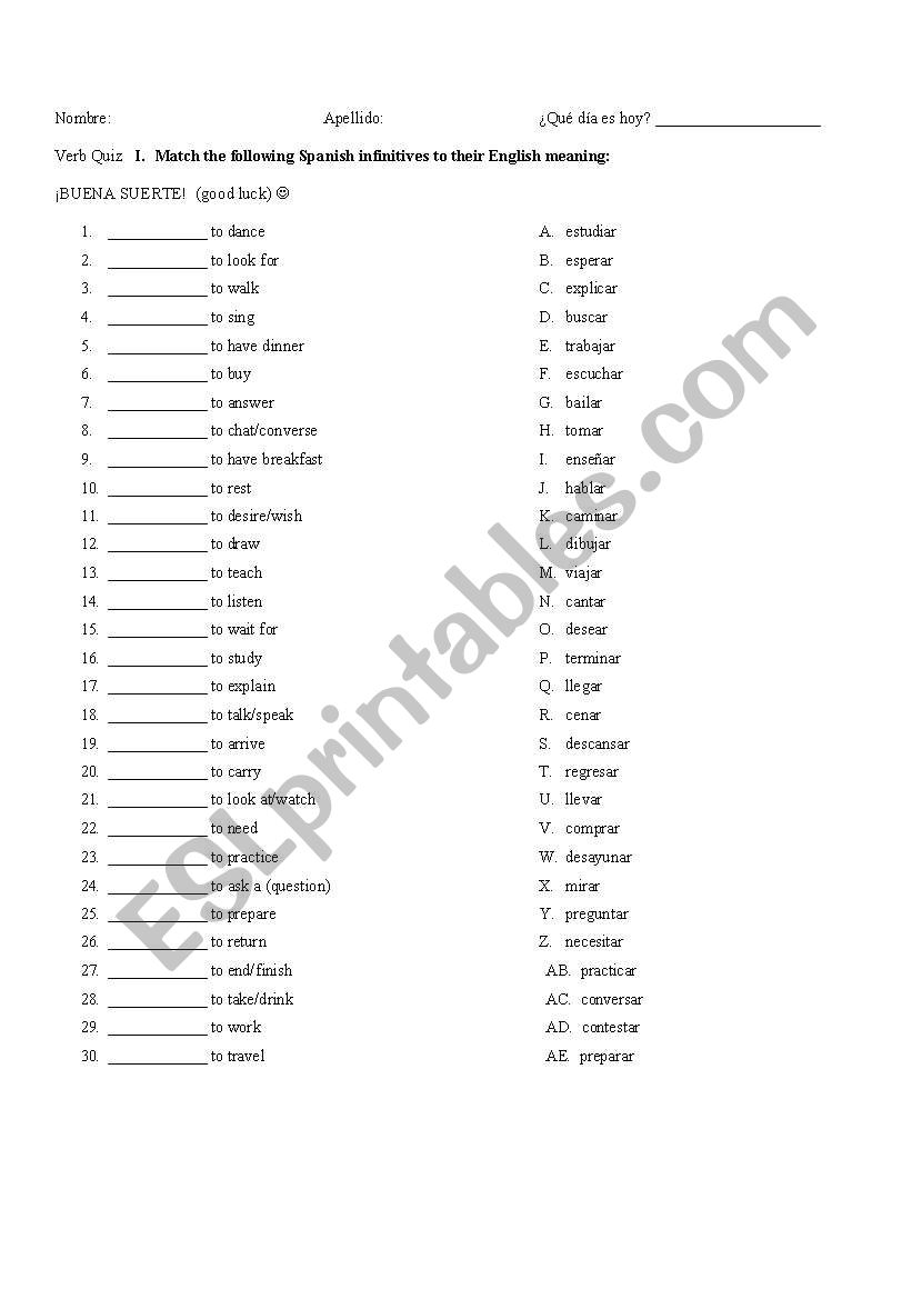 matching verb quiz worksheet