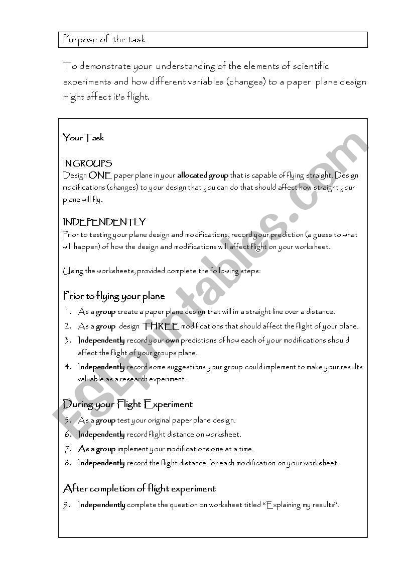 Aeroplane Task worksheet