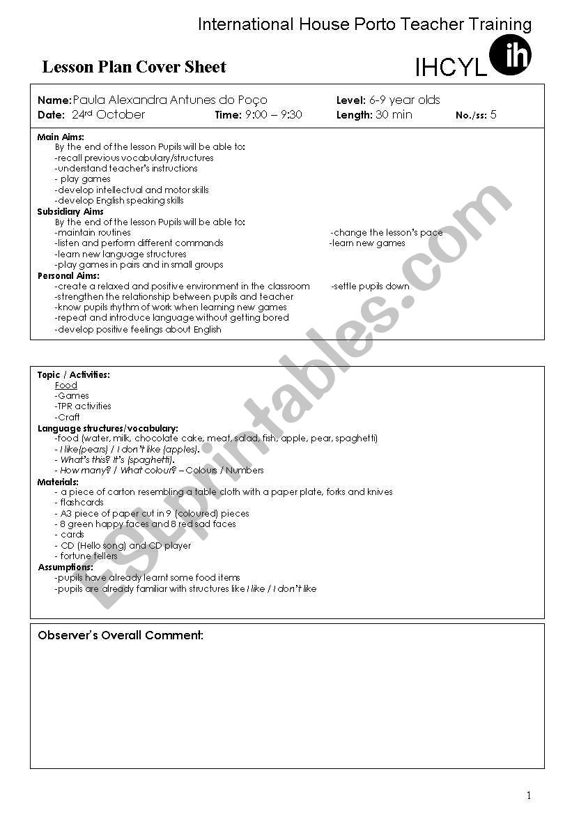 Lesson Plan - Food worksheet