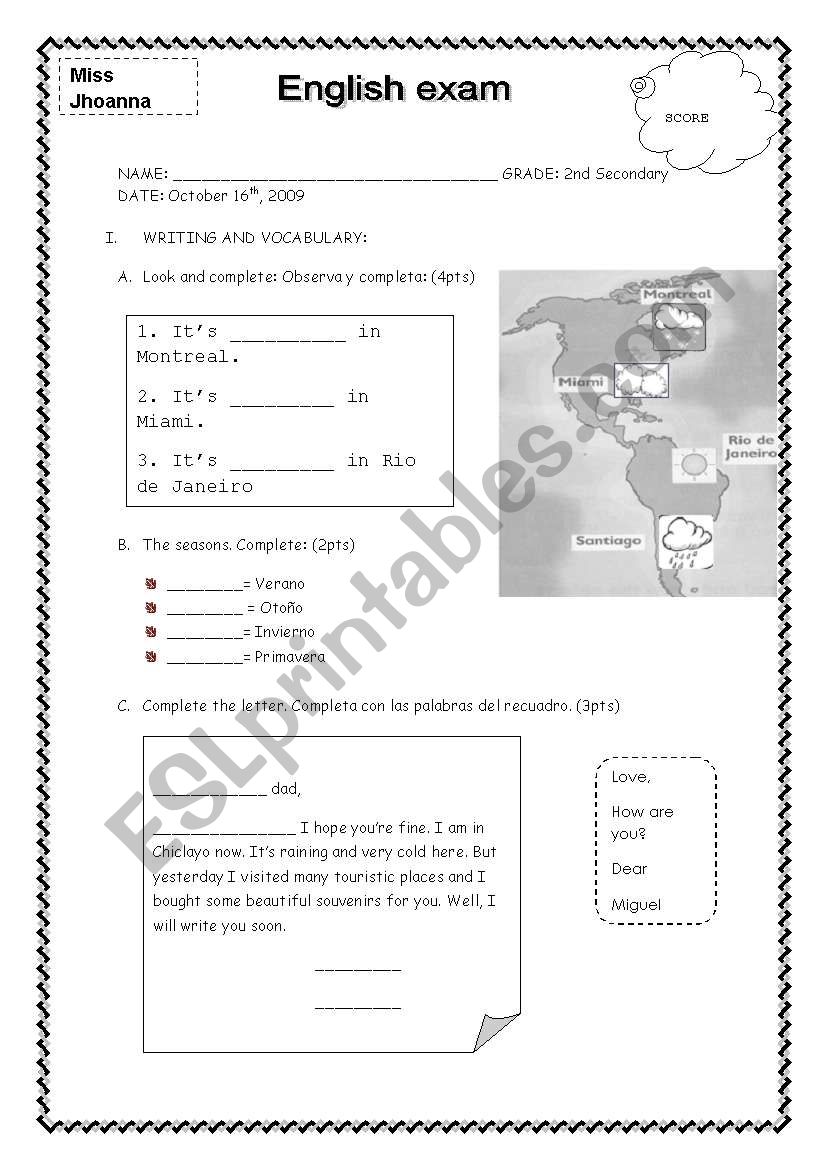 Test weather, letter, seasons, Past simple