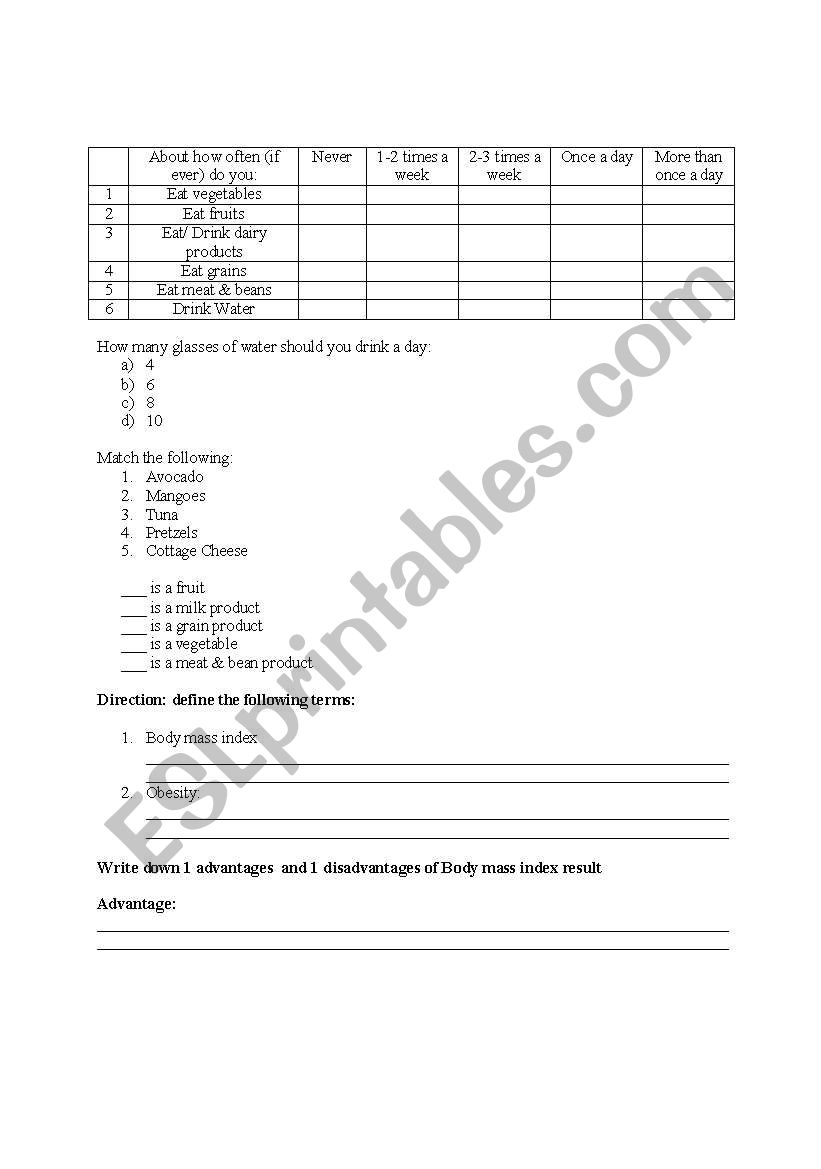 nutrition pre-test worksheet