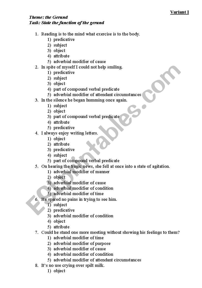 functions of Gerund worksheet