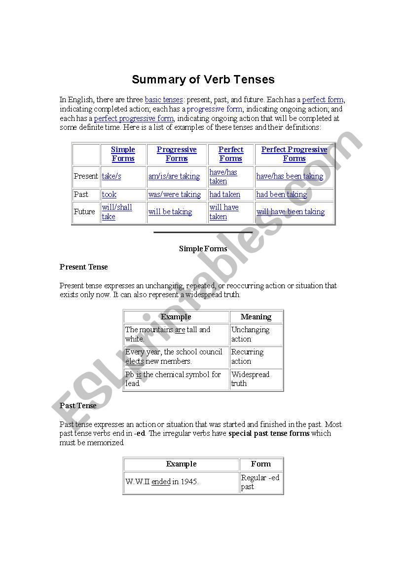 Summery of Verb Senses worksheet