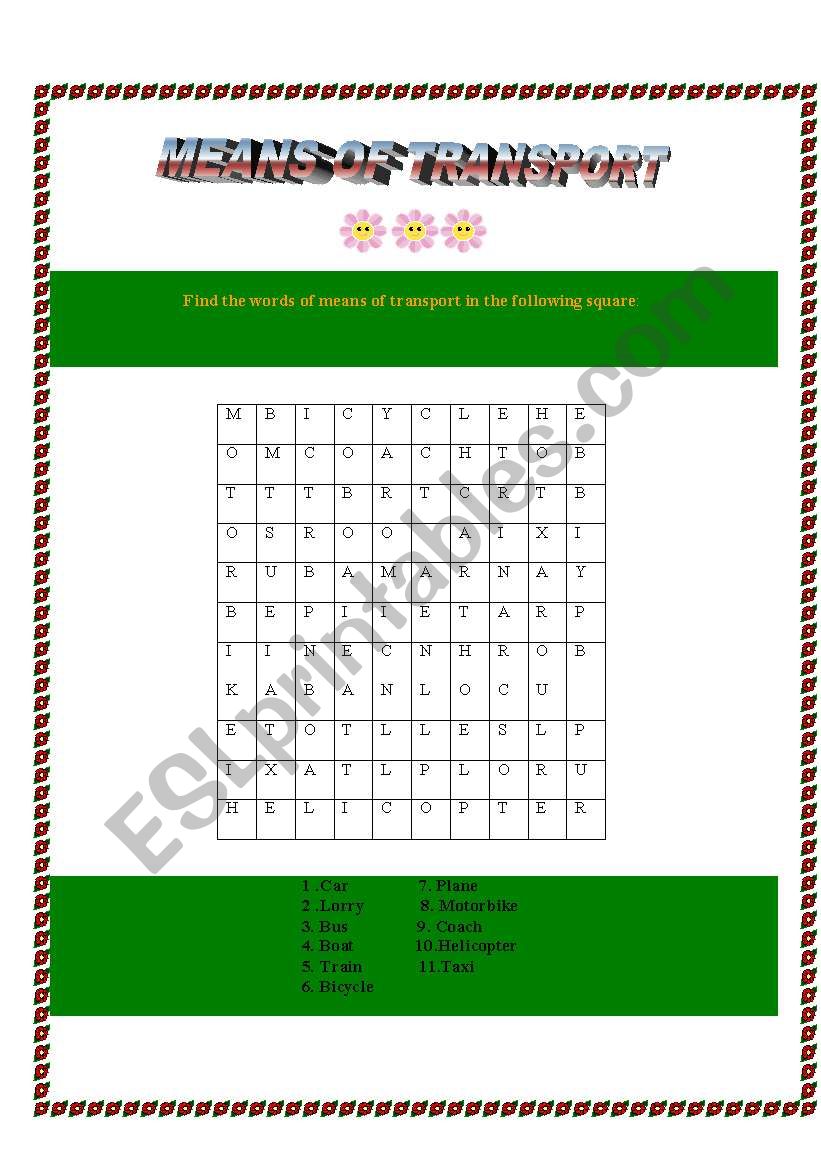 Means of transport- word search