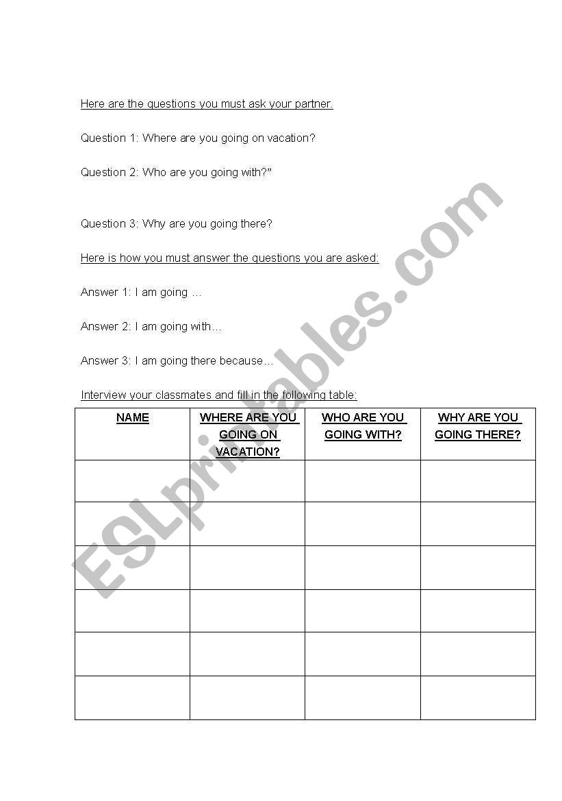 Vacation Survey worksheet