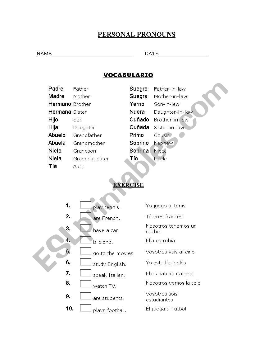 PERSONAL PRONOUNS worksheet