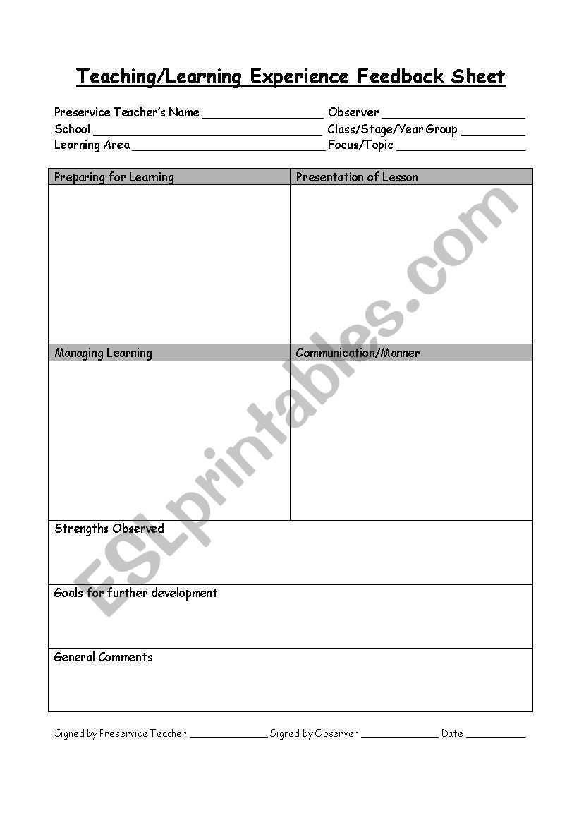 Teaching and Learning feedback sheet for practising teachers
