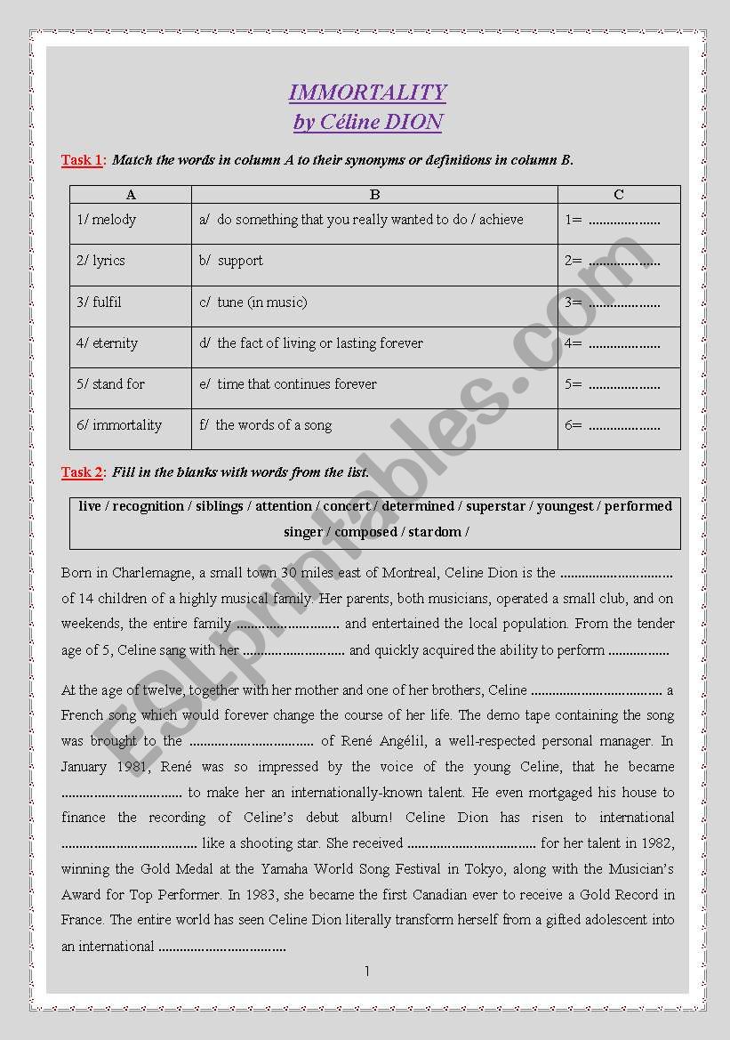 Immortality worksheet