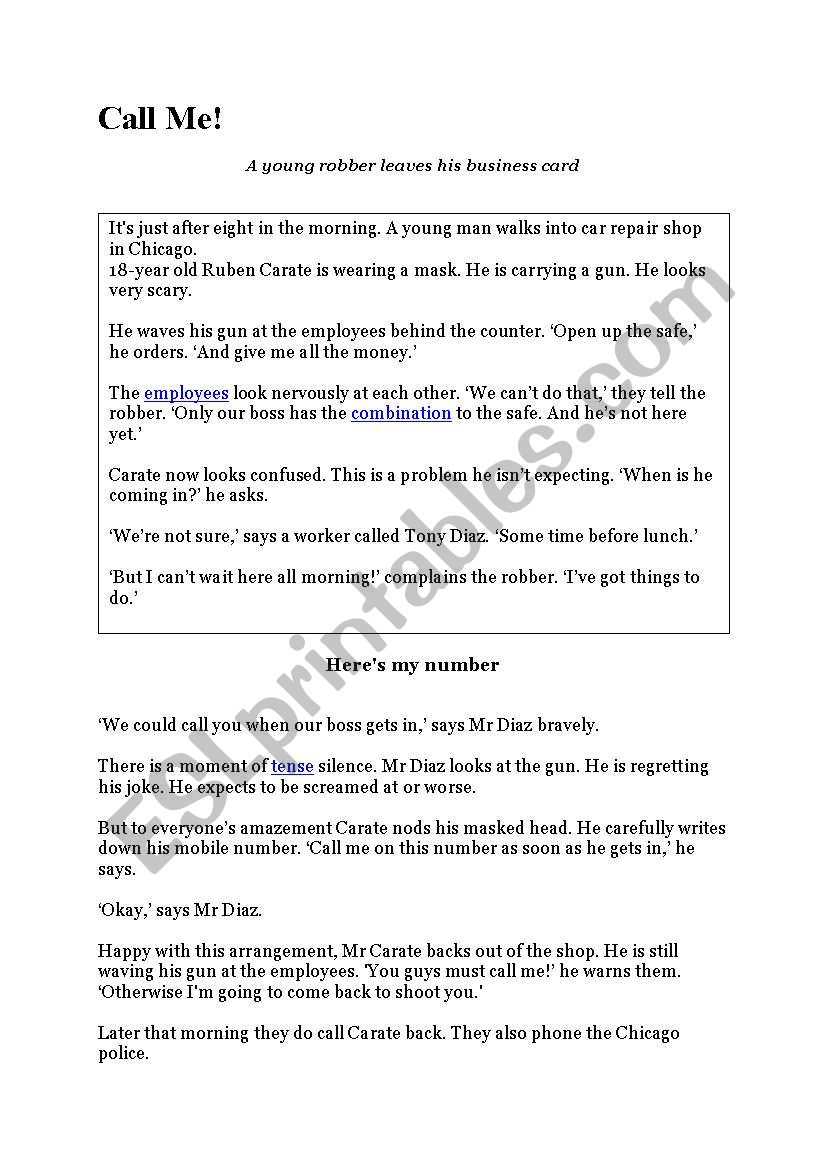 Call Me! (short story) worksheet