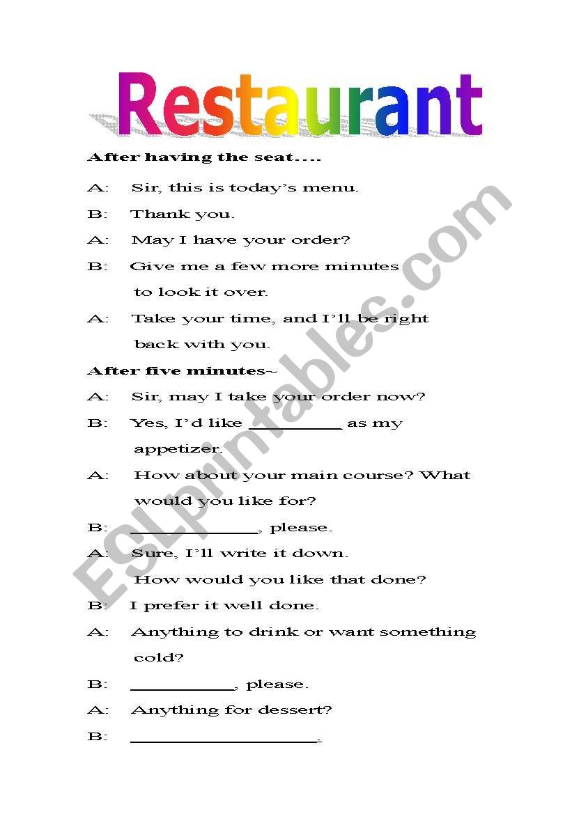 Worksheet for students to know how to order in the restaurant