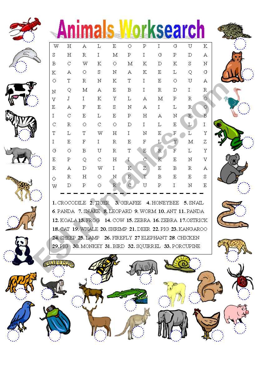 Animals Worksearch worksheet