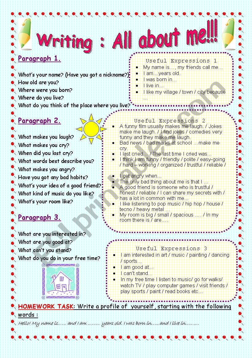 Writing : A profile of yourself - All About me! - ESL worksheet by