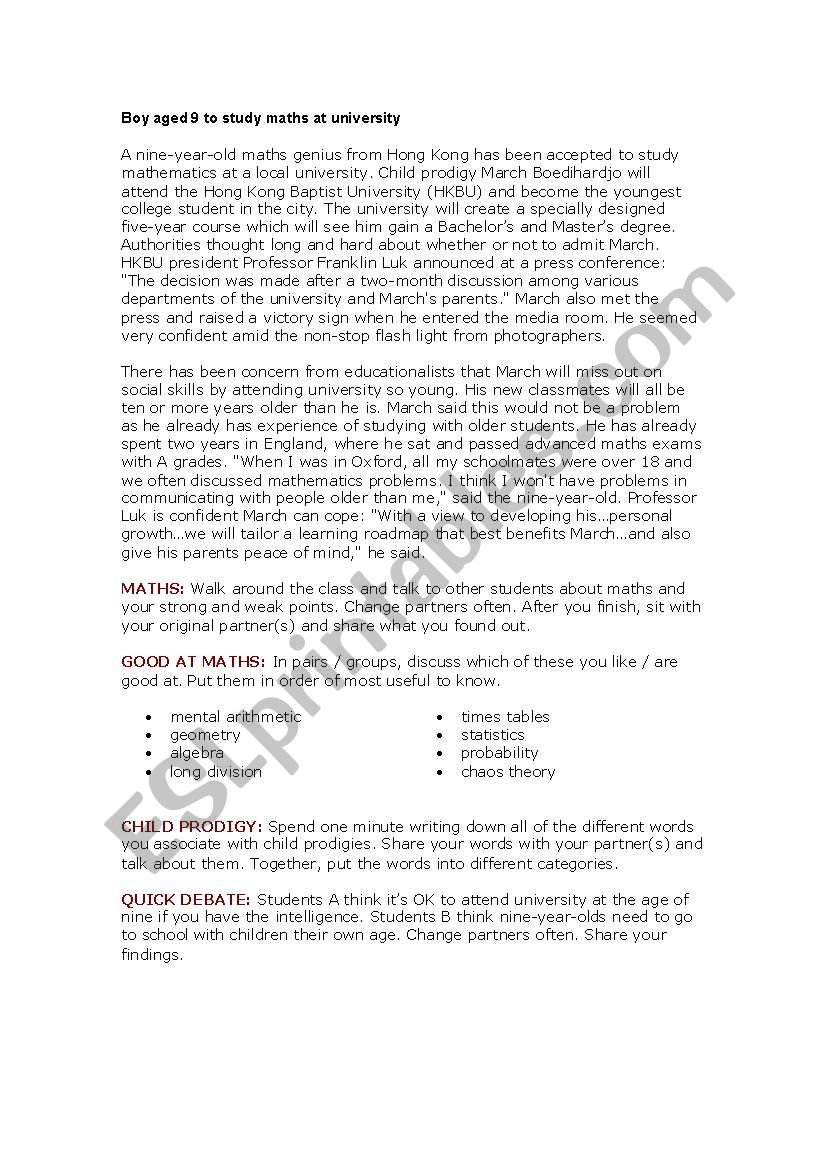 9-year -old boy at univesity worksheet