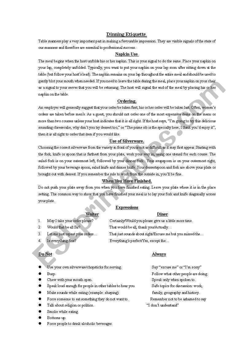 dinning etiquette worksheet