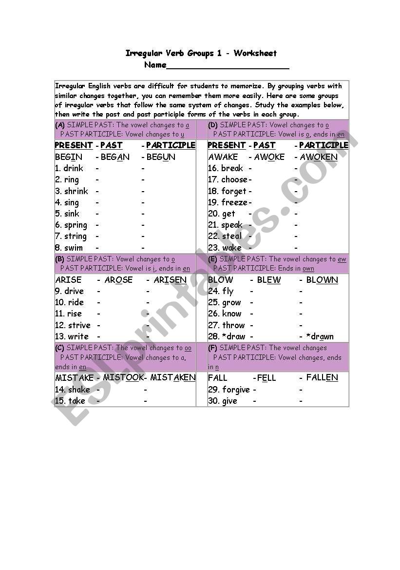 irregular verbs families worksheet