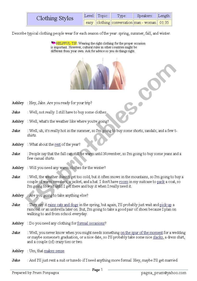 Clothing Styles worksheet