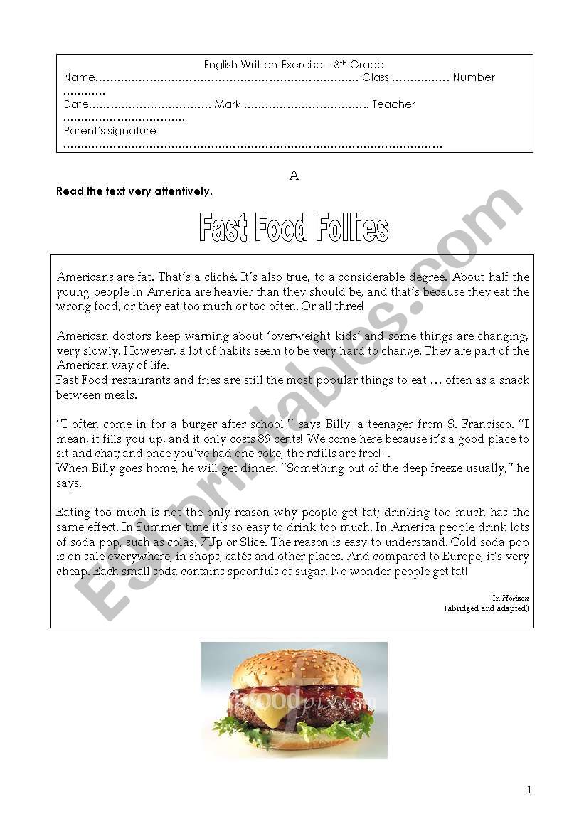 Test on Food worksheet